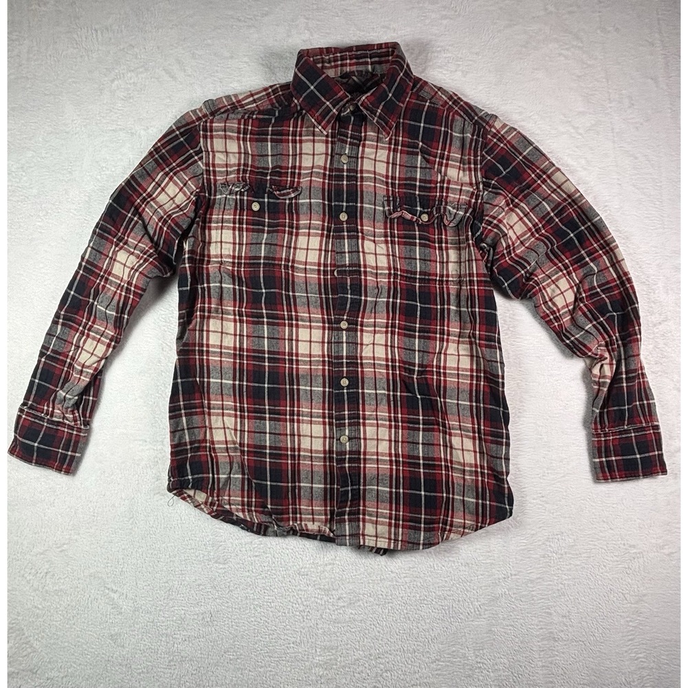 Timberland Mens Plaid Flannel Shirt Red Navy Blue Medium Long Sleeve Button Up